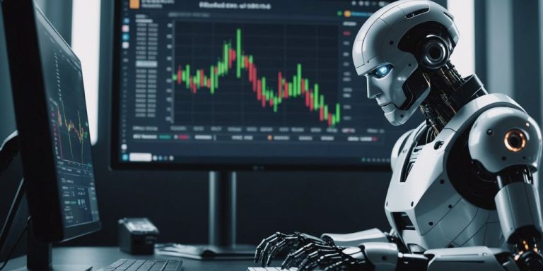 Futuristic robot analyzing data charts on a computer screen, representing AI's impact on SEO strategies.