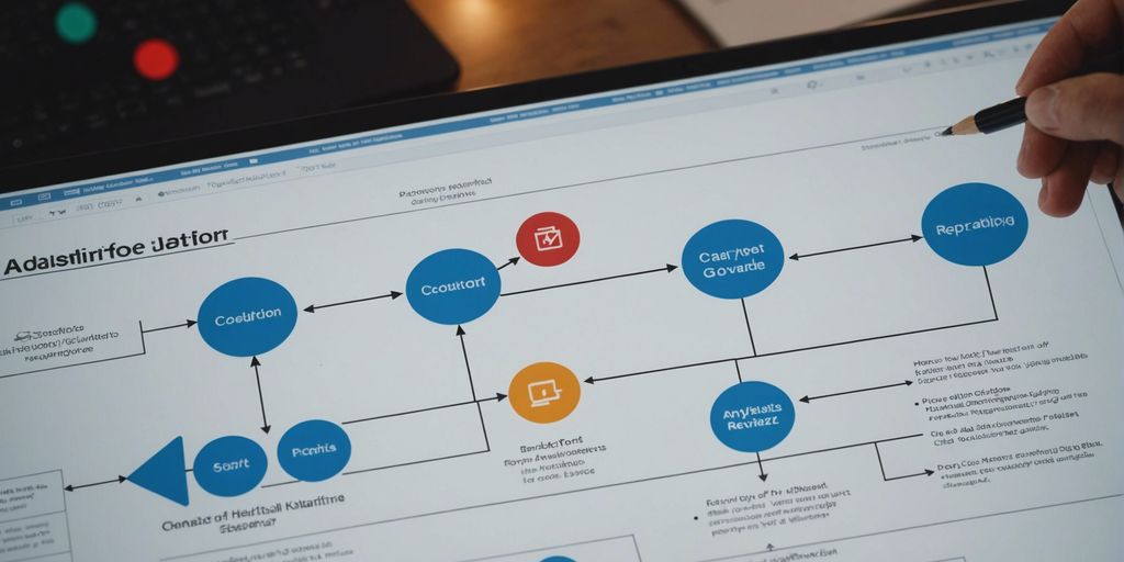 Flowchart illustrating steps for setting up analytics and tracking, featuring icons for data collection, analysis, and reporting.