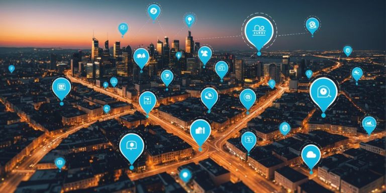 Cityscape with location pins and SEO icons, illustrating local SEO strategies for 2024.